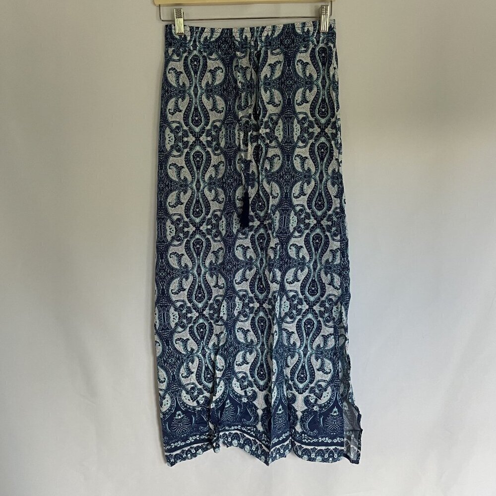 Blue and white floral geometric summer skirt side slits elastic waist light